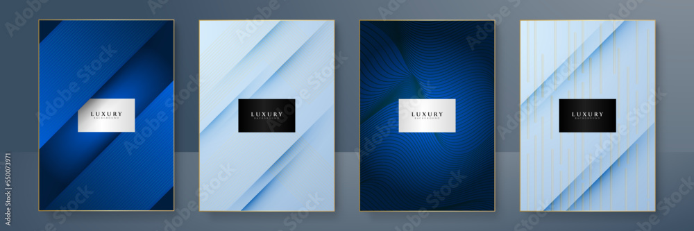 Fototapeta premium Modern cover design set. Blue white abstract line pattern (wave curves). Creative wavy stripe vector collection layout for business background, certificate, brochure template