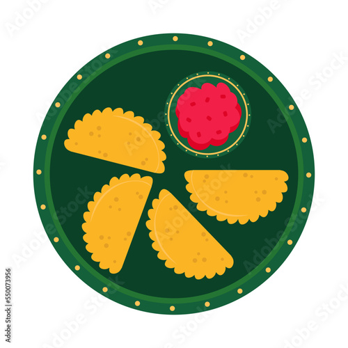 Vector illustration of empanadas dish on isolated background. Plate with sauce and food. Traditional mexican dish on white background.