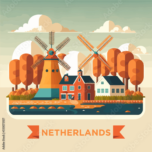 Amsterdam Netherlands Travel destination landmark vector flat illustration