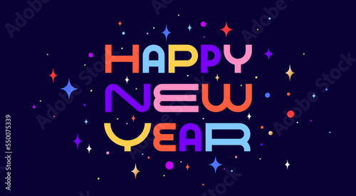 Happy New Year. Greeting card, fireworks banner, poster in abstract geometric bright style for happy new year. Background, christmas party, happy new year symbol for web, print. Vector Illustration