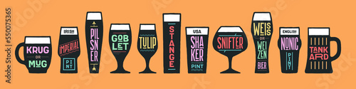 Beer glassware types. Poster banner with different types of glass, mug for beer. Graphic design print for kitchen design, wall decor. Poster for bar, pub, restaurant, beer theme. Vector Illustration