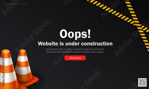 Template of dark landing page with 3d orange traffic cones and striped yellow-black tapes. Black vector banner with text - Oops! Website is under construction. Error poster with warning ribbons