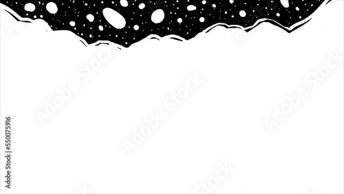 Snow video transition on a black screen. Animation of the growth of white snow cover. The concept of heavy rainfall, storm, Christmas. Stock winter video in 4k with alpha channel and space for text.