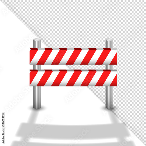 3d vector roadblock with red and white stripes. Three dimensional road barrier, construction fence or police barricade isolated on white and transparent background. 