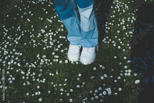 white shoes on the green grass, spring time background
