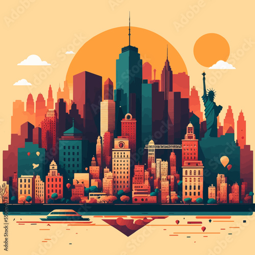 Illustration of travel New York City landscape of buildings flat vector logo