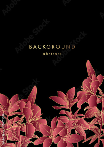 Luxury poster with pink golden lilies. Shiny gold flowers on black background