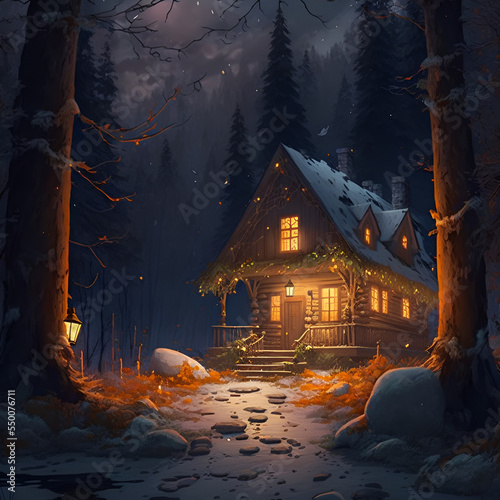 beautiful house in a beautiful forest, highly lit