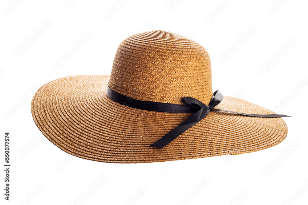 Womens summer yellow straw hat with black ribbon on white background Womens summer yellow straw hat with black ribbon on white background