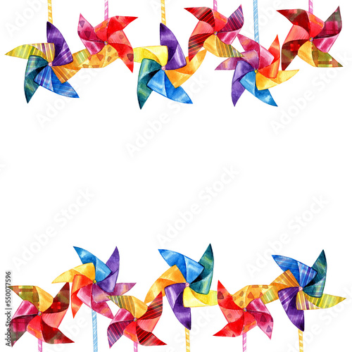 Colorful watercolor pinwheels border, birthday party invitations, celebration, kids birthday, circus theme birthday, summer fair, 600 dpi PNG with transparent background
