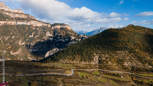 Aerial view from a drone over the valley of the Cañon de Añisclo in the Ordesa y Monte Perdido Natural Park, Aragon Pyrenees, Huesca, Spain. 