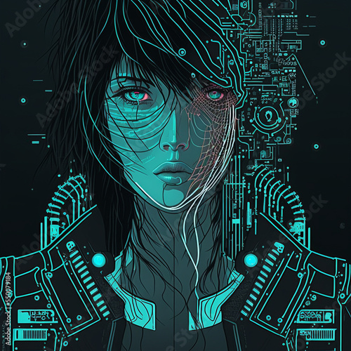 Cyberpunk Girl with Aqua Computer Schematics Behind Her and on Her Face.[Digital Art Anime Drawing, Sci-Fi Fantasy Horror Background, Graphic Novel, Postcard, or Product Image] photo