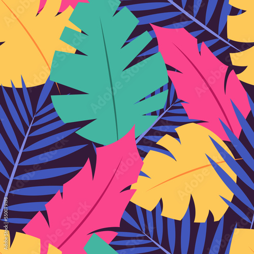Vector seamless pattern with colorful tropical leaves