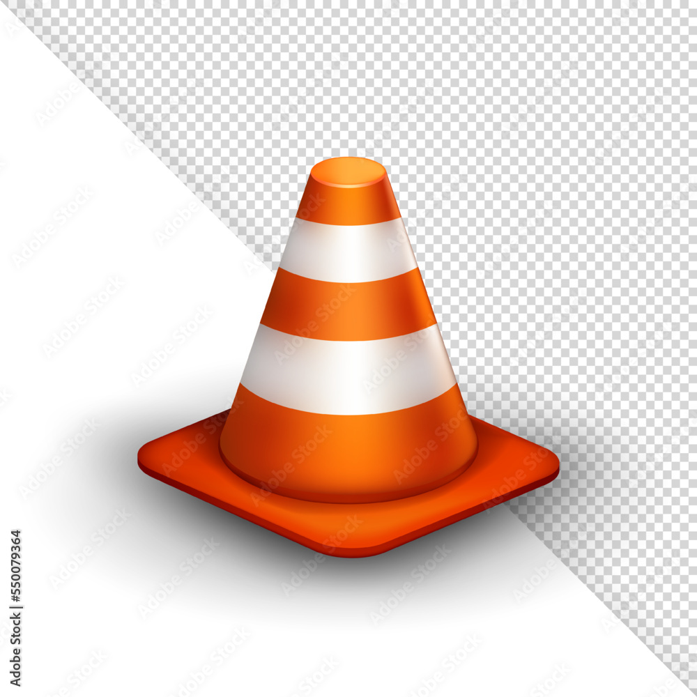 Cartoon traffic cone with orange and white stripes. Three dimensional plastic safety cone isolated on white and transparent background. Barrier sign for construction or highway road Cartoon traffic cone with orange and white stripes. Three dimensional plastic safety cone isolated on white and transparent background. Barrier sign for construction or highway road
