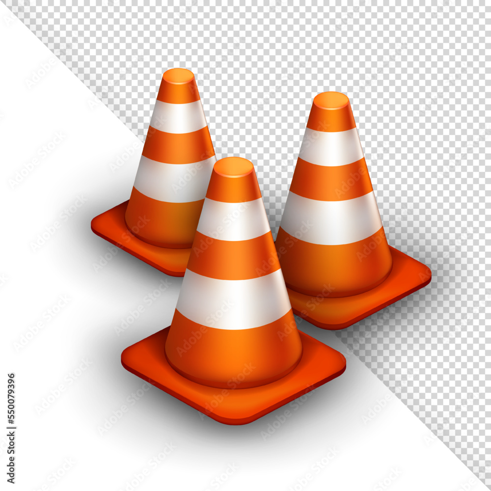 Row of 3d traffic cones with orange and white stripes. Three dimensional plastic safety cones isolated on white and transparent background. Barrier sign for construction or highway road Row of 3d traffic cones with orange and white stripes. Three dimensional plastic safety cones isolated on white and transparent background. Barrier sign for construction or highway road