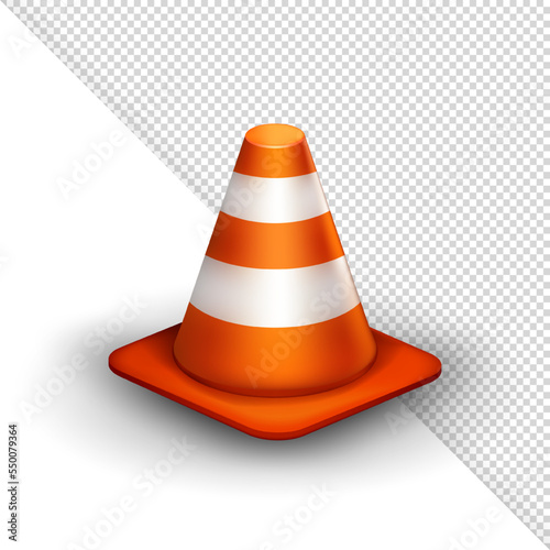 Cartoon traffic cone with orange and white stripes. Three dimensional plastic safety cone isolated on white and transparent background. Barrier sign for construction or highway road