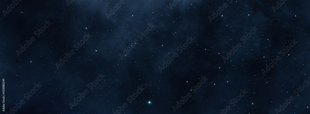 Space panoramic background. Blue nebula with star field. Digital painting