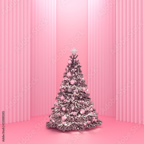 Pink Christmas tree with geometric wall panels in background. Minimalist elegant simple scene.