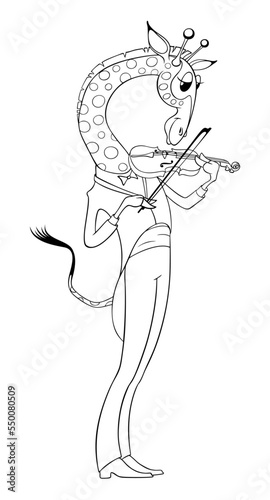 Giraffe violinist. Vector contour drawing for coloring. Cartoon giraffe plays the violin.
