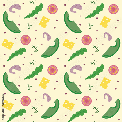 Seamless background with tomatoes, ovocado, cheese, shrimp and dill on a light yellow background. Flat style. Vector texture of healthy food.