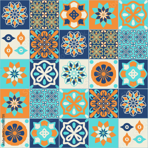 Square ceramic tile design azure blue orange color in spanish portuguese style, seamless pattern decorative background