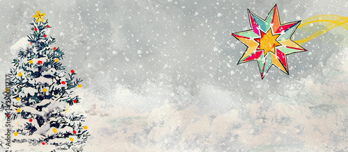Bild auf Leinwand Winter background with Star of Bethleem. Watercolor illustration.
