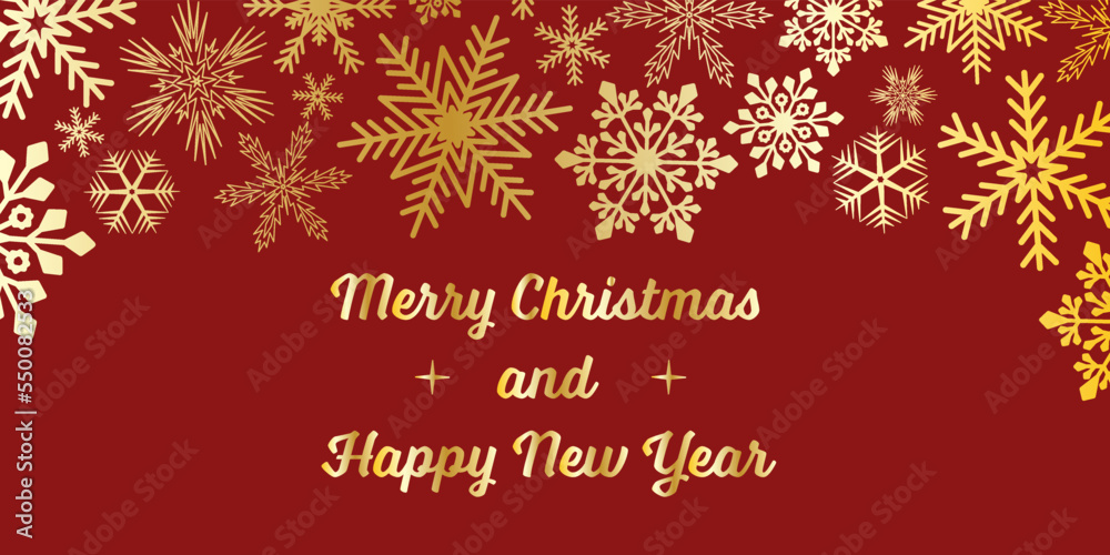 Red gold chic Christmas greeting card, text Merry Christmas and Happy New Year, gold snowflake vector Illustration Red gold chic Christmas greeting card, text Merry Christmas and Happy New Year, gold snowflake vector Illustration