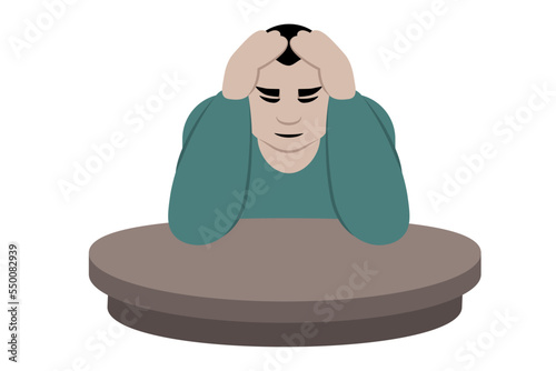 Despairated man sitting at a round table holding head with hands. Abstract simple vector illustration.