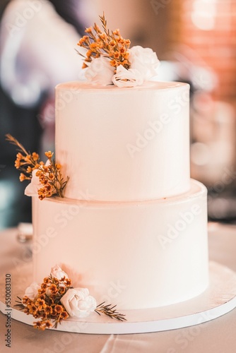 Vertical shot of a white double layer cake with nude flower decoration