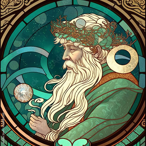 Art Nouveau Stained Glass Panel of Father Christmas. [Digital Art Painting, Sci-Fi Fantasy Horror Background, Graphic Novel, Postcard, or Product Image]