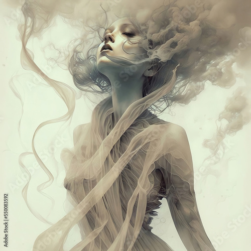 Mooie wervelende rokerige magische geest vrouw, geïsoleerd op een witte achtergrond. [Digital Art Painting, Sci-Fi Fantasy Horror Achtergrond, Graphic Novel, Ansichtkaart of Productafbeelding]