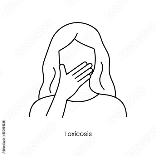 Toxicosis during pregnancy icon line in vector, illustration of a girl who covers her mouth with her hand.