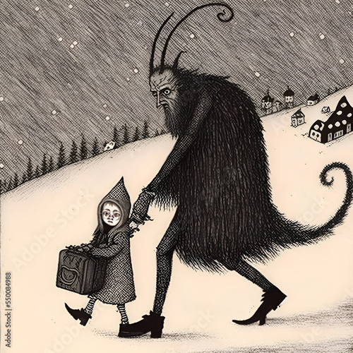 Vintage Illustration of a Small Schoolgirl Leading Krampus by the Hand. [Digital Art Painting, Sci-Fi Fantasy Horror Background, Graphic Novel, Postcard, or Product Image]