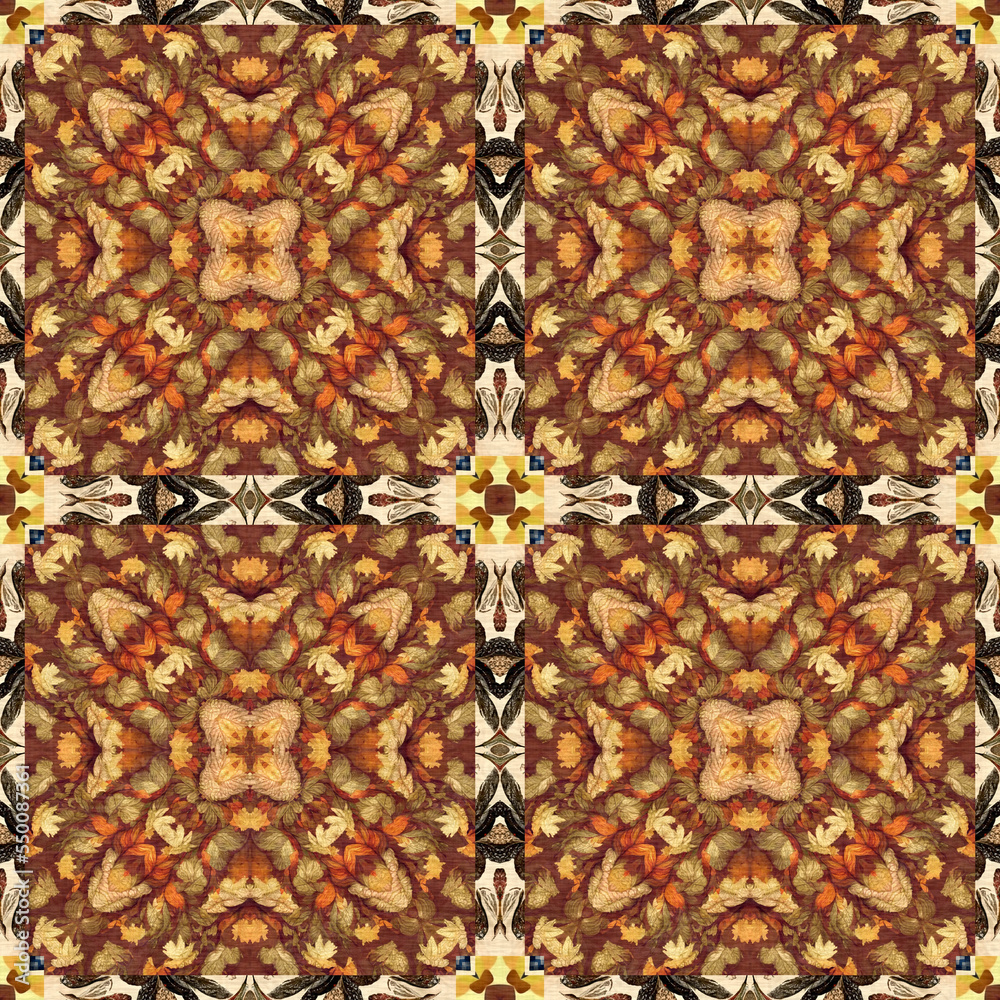 Autumn leaves woodland seamless pattern. Brown retro kaleidoscopic textile print. Backdrop of vintage ornate forest wallpaper. Garden botanical print. Autumn leaves woodland seamless pattern. Brown retro kaleidoscopic textile print. Backdrop of vintage ornate forest wallpaper. Garden botanical print.
