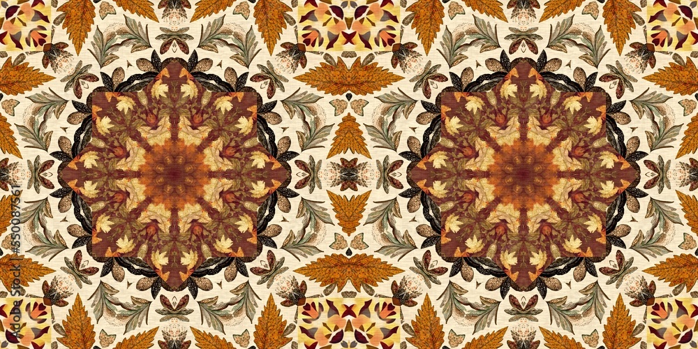 Autumn leaves woodland seamless border. Brown retro kaleidoscopic textile washi tape. Backdrop of vintage ornate forest ribbon. Garden botanical print. 