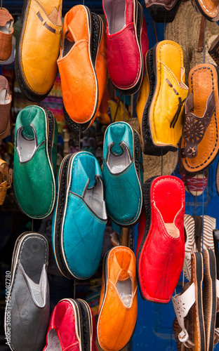 Colorful, handmade, leather Moroccan shoes for sale in Essaouira, Morocco 