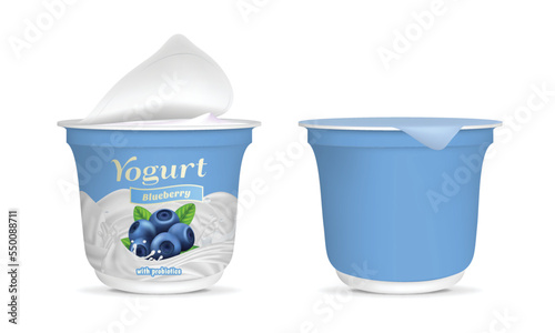 Realistic Detailed 3d Open Blueberry Yogurt Packaging Container and Empty Template Mockup Set. Vector illustration of Yoghurt