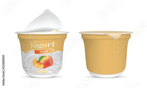 Realistic Detailed 3d Open Peach Yogurt Packaging Container and Empty Template Mockup Set. Vector illustration of Yoghurt