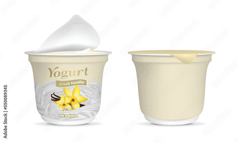 Realistic Detailed 3d Open Greek Vanilla Yogurt Packaging Container and Empty Template Mockup