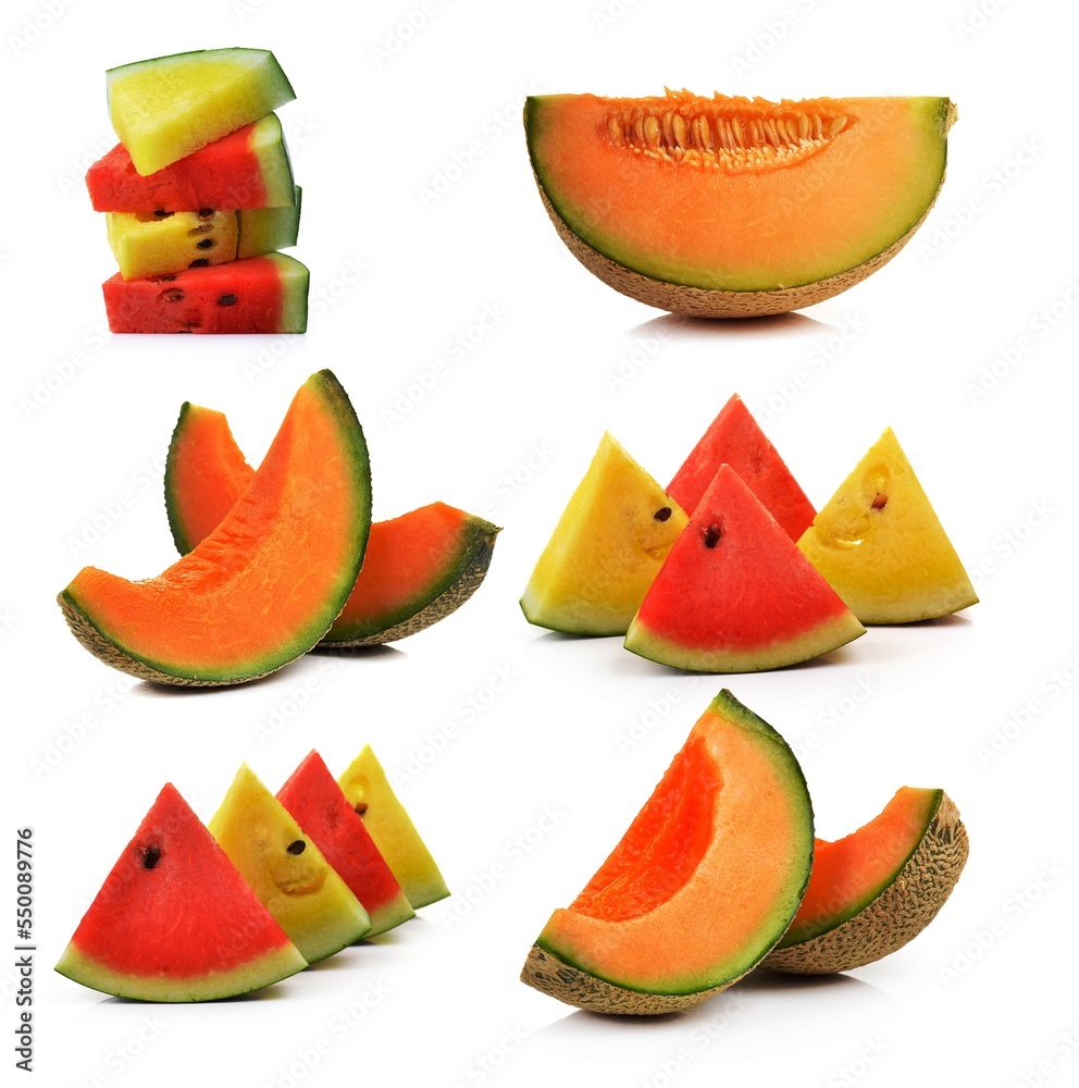 cantaloupe melon and water melon isolated on white background Stock