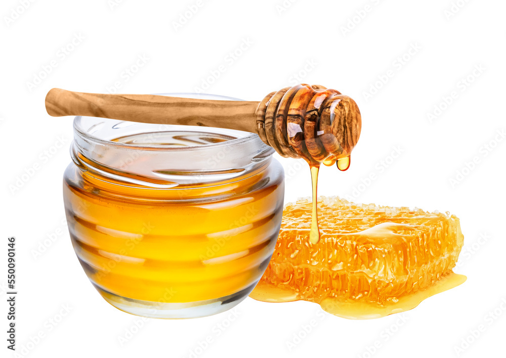 Honey isolated on white or transparent background. Jar with honey
