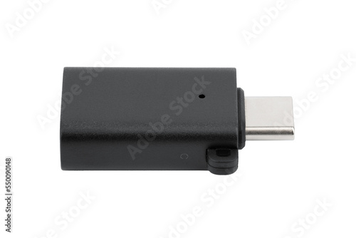A close up of USB OTG. Type C to Type A adapters with isolated on a white background. technology product photo concept.