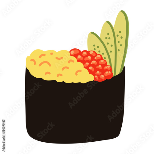 Gunkan sushi with red caviar in cartoon flat style. Hand drawn Japanese traditional cuisine