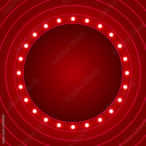 Vector empty retro circus billboard frame with electric bright glowing lamps. Light bulbs circle shape figure.