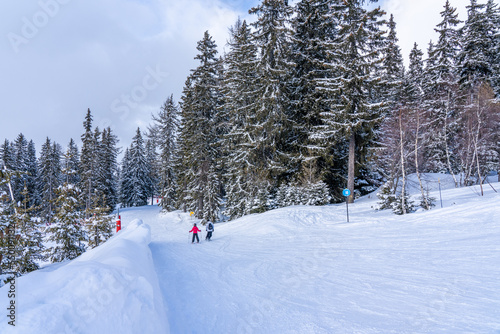Savoie, France - 15.02.2022: Panorama of ski fields with skiers in Les Arcs, snow fir trees background, Europe. High quality photo