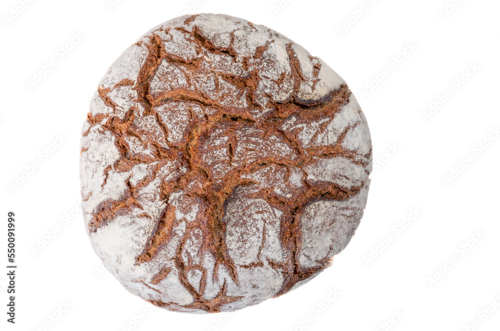 Round rye bread with a crispy crust and flour. Clipping on a white background. Round rye bread with a crispy crust and flour. Clipping on a white background.