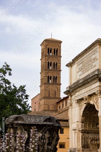 Vertical shot of the tower of Santa Maria in Cosmedin church in Rome, Italy photo