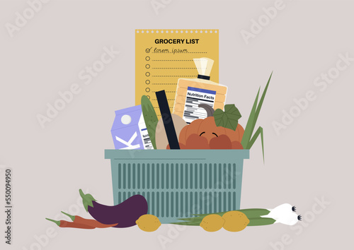 A shopping list, a supermarket basket full of groceries, daily routine