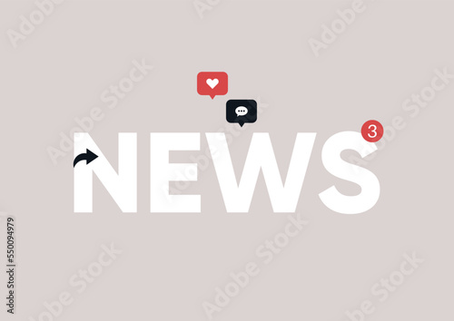 Social media newsfeed, Like, share, comment icons popping up