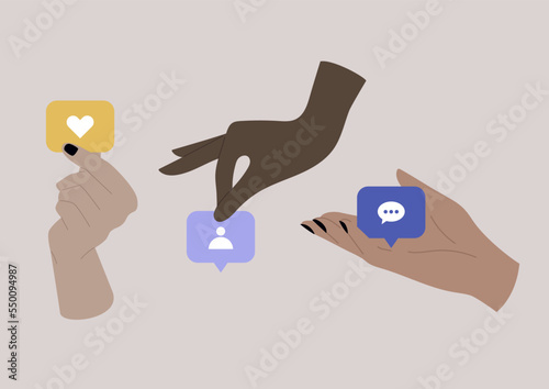 Hands holding social media icons, follow, like, comment